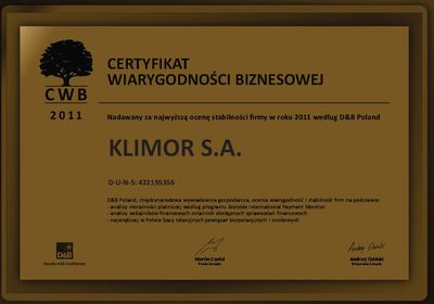 Certyfikat dla Klimor