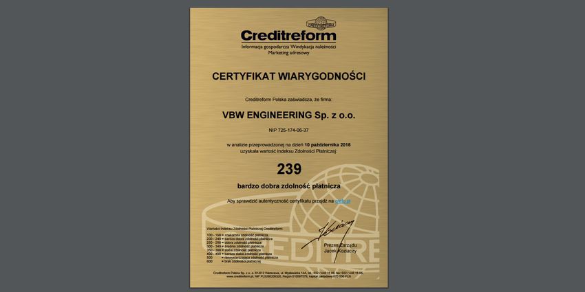 Certyfikat Wiarygodności dla VBW Engineering