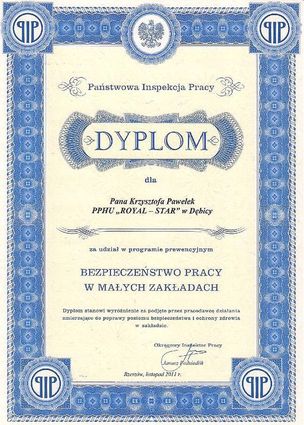 Dyplom Państwowej Inspekcji Pracy dla Royal-Star