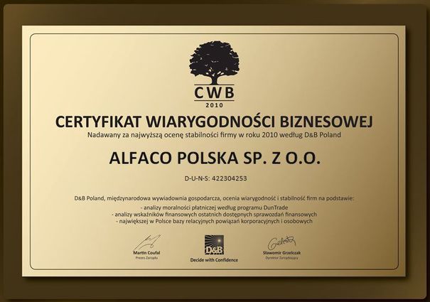 Certyfikat Wiarygodności Biznesowej dla Alfaco Polska