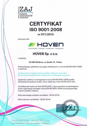 Kolektory słoneczne Hoven z certyfikatem ISO 9001
