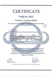 Certyfikat firmy SPIRO International SA dla Centrum Klima S.A.