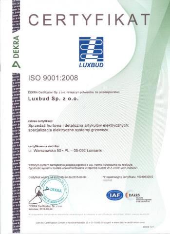 Certyfikat ISO 90012008 dla LUXBUD