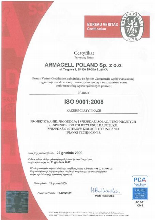 Certyfikat ISO 90012008 dla firmy Armacell, fot. Armacell