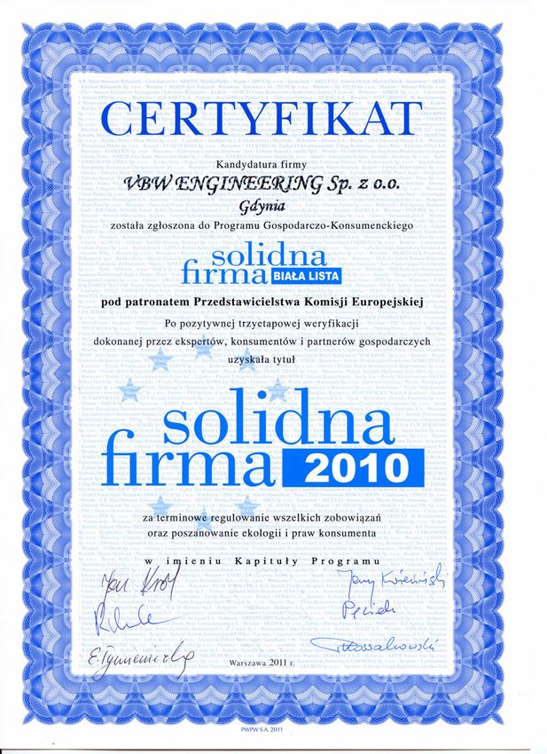 Certyfikat Solidna Firma 2010 dla VBW Engineering