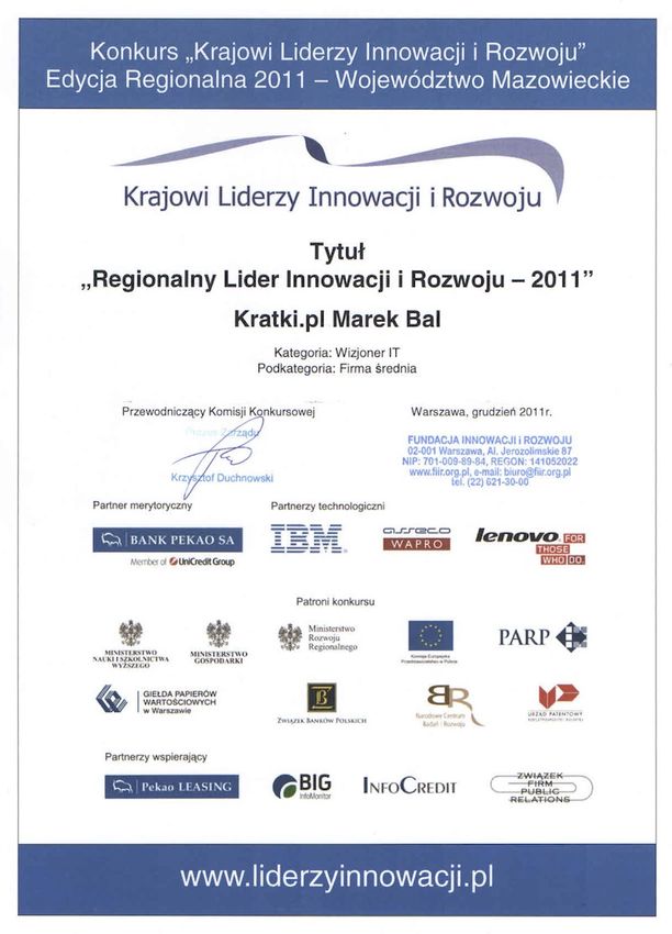 Kratki.pl Regionalnym Liderem Innowacji i Rozwoju 2011
