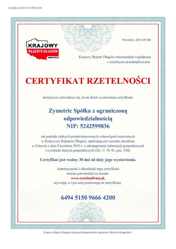 Certyfikat Rzetelna Firma dla Zymetric Sp. z o.o.