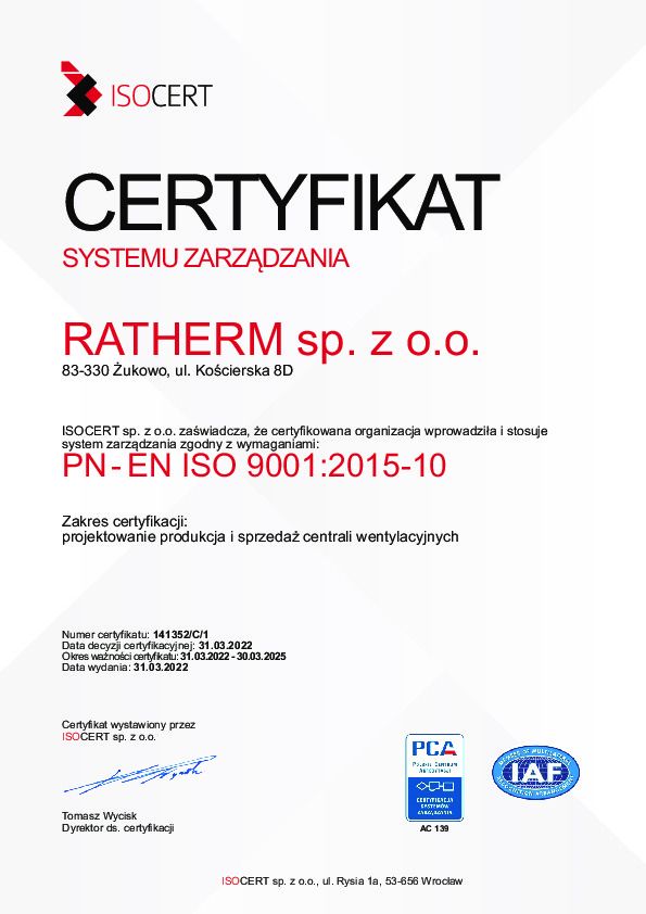 certyfikat systemu zarządzania jakością ratherm