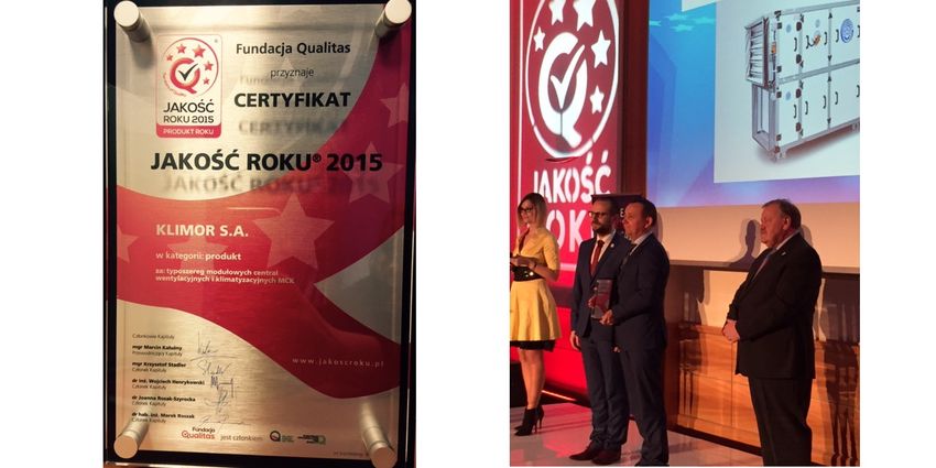 Jakość Roku 2015 dla Klimor w kategorii PRODUKT ROKU.
