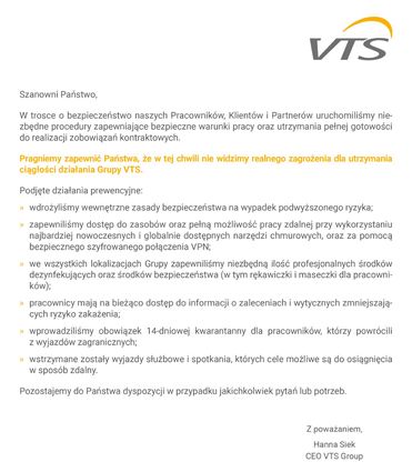 CEO VTS Group - Działania prewencyjne VTS Group - Koronawirus (COVID-19)