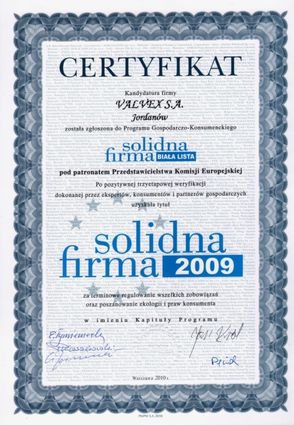 Certyfikat Solidna Firma 2009 dla Valvex