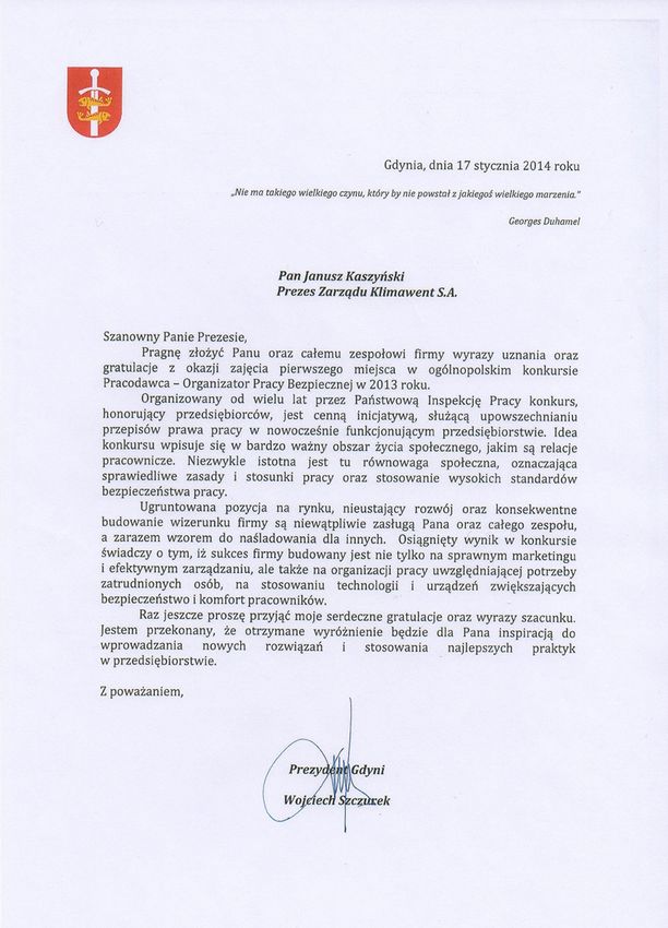 List od Prezydenta Miasta Gdynia