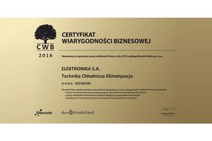 Elektronika SA po raz kolejny z Certyfikatem Wiarygodności Biznesowej!
